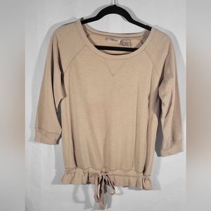 Women's Tan 3/4 sleeve cotton sweatshirt with ruffled tie bottom size small